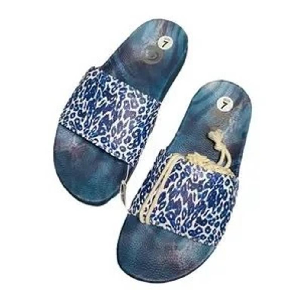 Johnny Was Blue Leopard Print Slide Sandals with Braided Accent